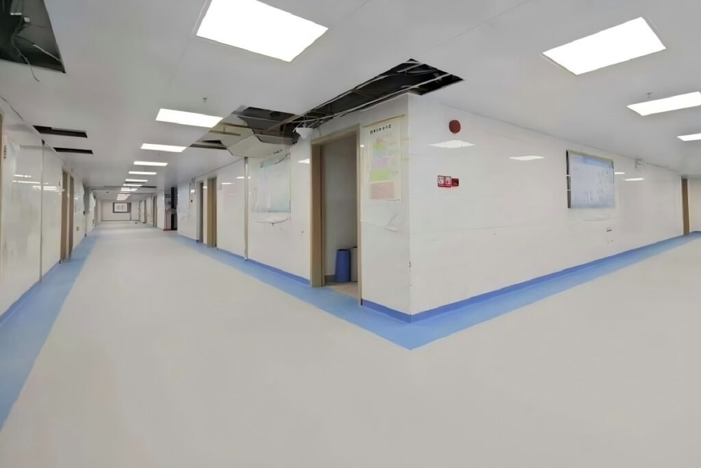 Homogeneous PVC flooring in hospital corridor