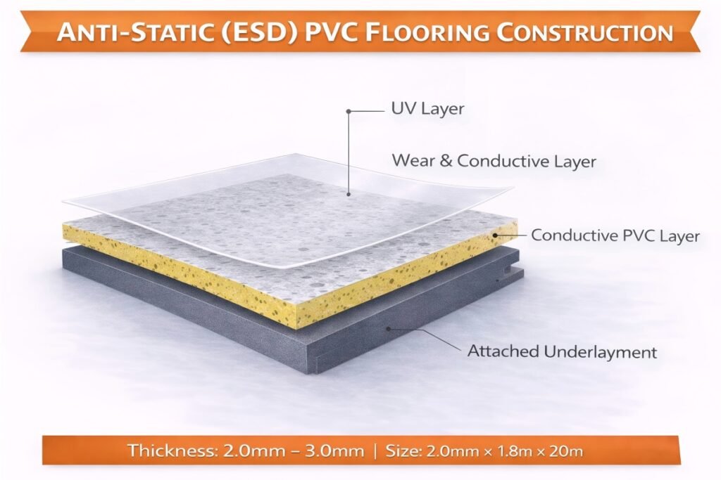 Anti-static ESD PVC flooring construction structure diagram with UV layer, conductive PVC layer, and attached underlayment