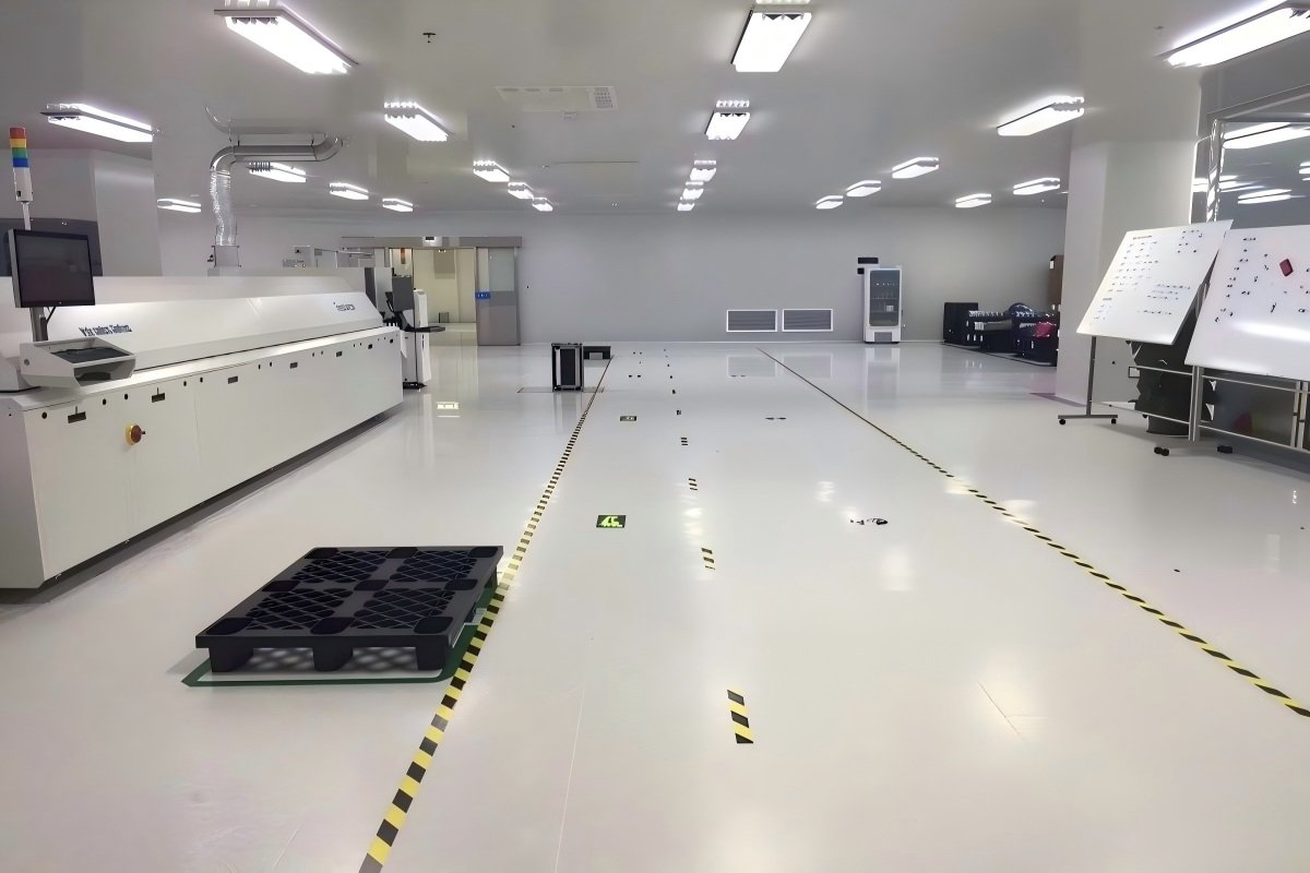 Anti-static PVC tile flooring installed in electronics manufacturing workshop