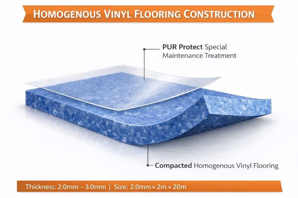 Homogeneous vinyl flooring construction structure diagram with PUR protect layer and compacted homogeneous vinyl flooring