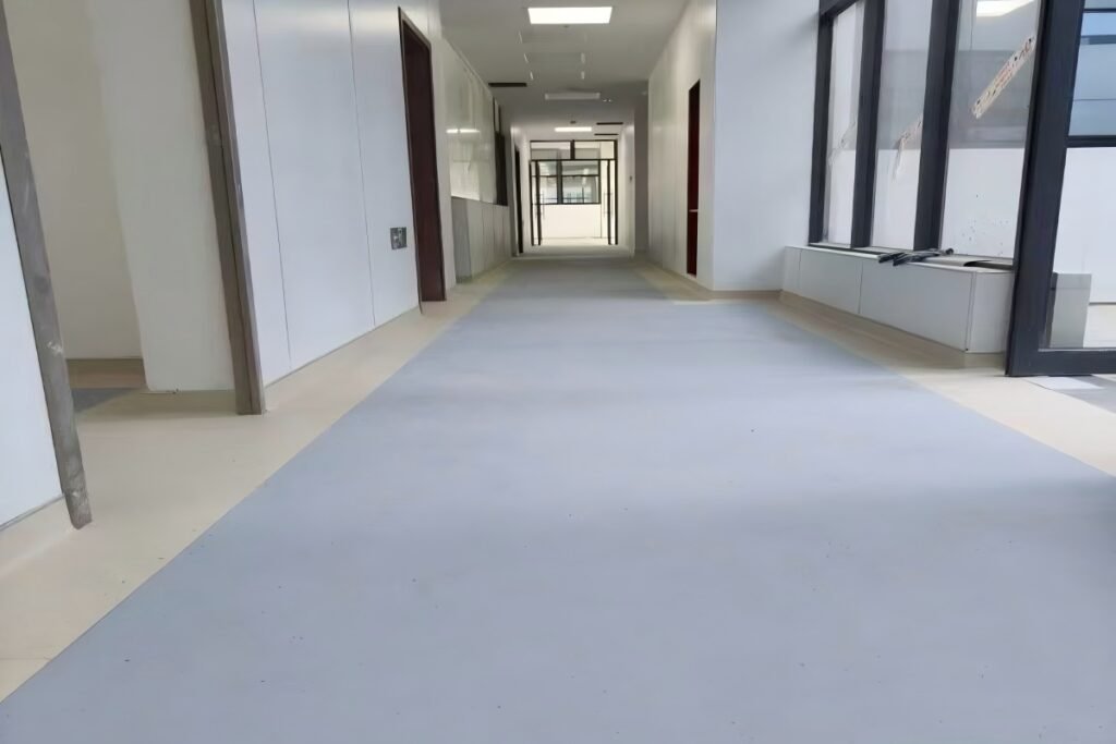 Homogeneous vinyl flooring installed in a hospital corridor project