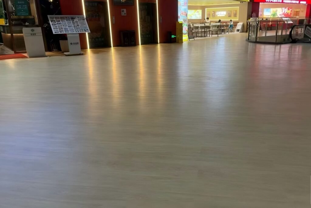 Wood look LVT dry back flooring installed in shopping mall