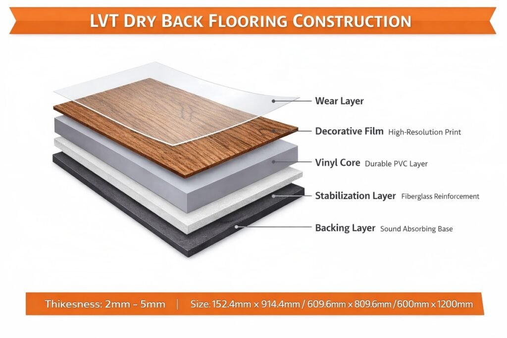 LVT dry back flooring construction structure diagram with wear layer, decorative film, vinyl core, stabilization layer, and backing layer