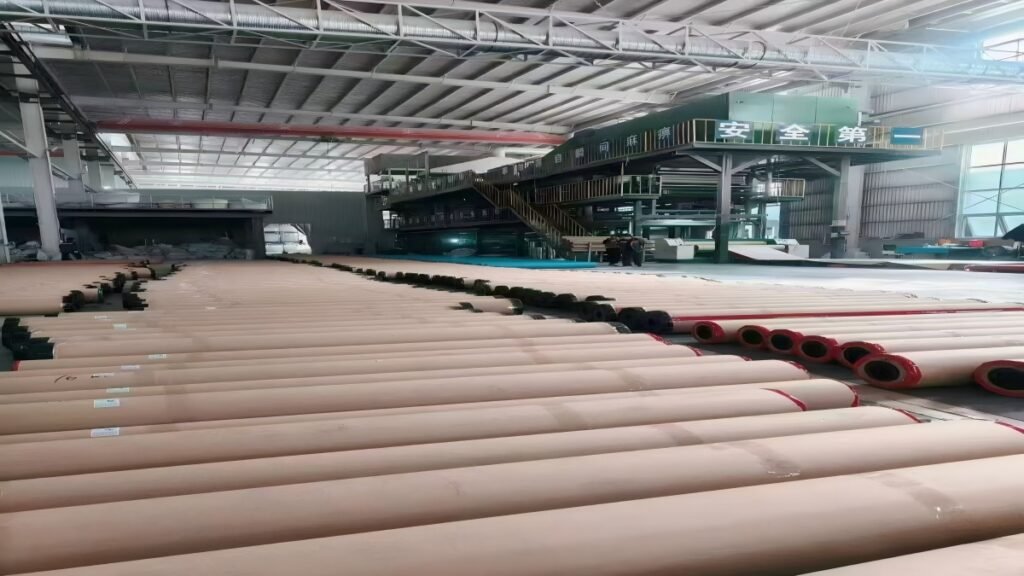 PVC flooring rolls in large production factory warehouse ready for bulk export