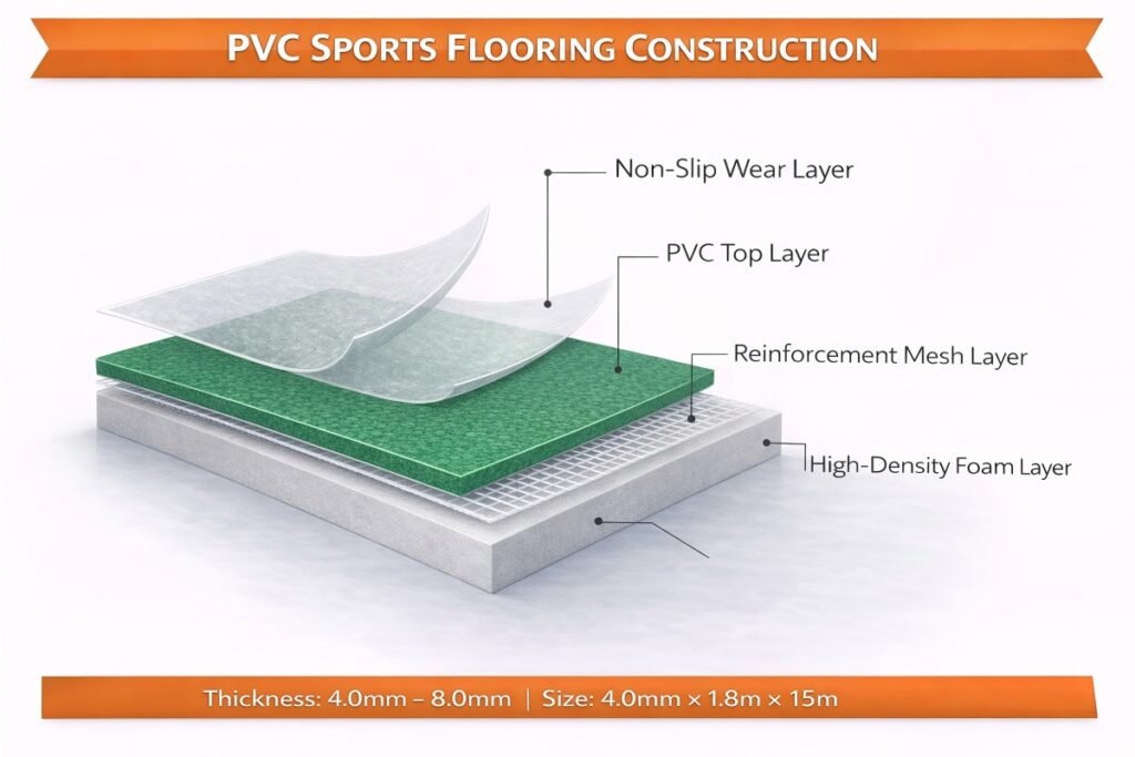 PVC sports flooring construction structure diagram with non-slip wear layer, reinforcement mesh layer, and high-density foam layer