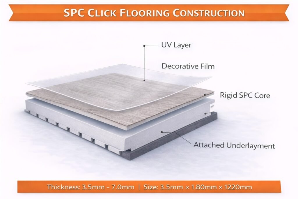 SPC click flooring construction structure diagram with UV layer, decorative film, rigid SPC core, and attached underlayment